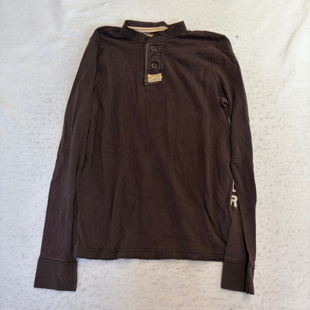 Hollister Henley Shirt Mens L Brown Long Sleeve Graphic Sleeve Cotton